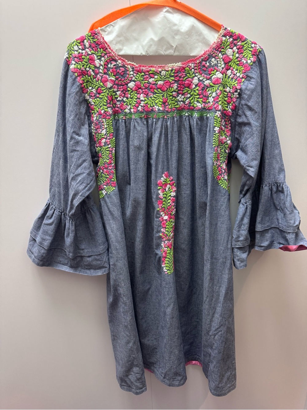 Mi Golondrina Blue Chambray Dress with Pink and Green Embroidery